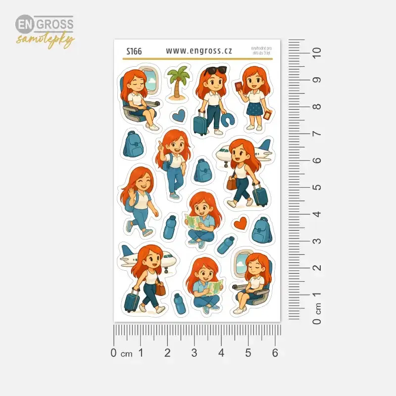 Nalepovací ikonky pro plánování - zrzka letí na letní dovolenou.