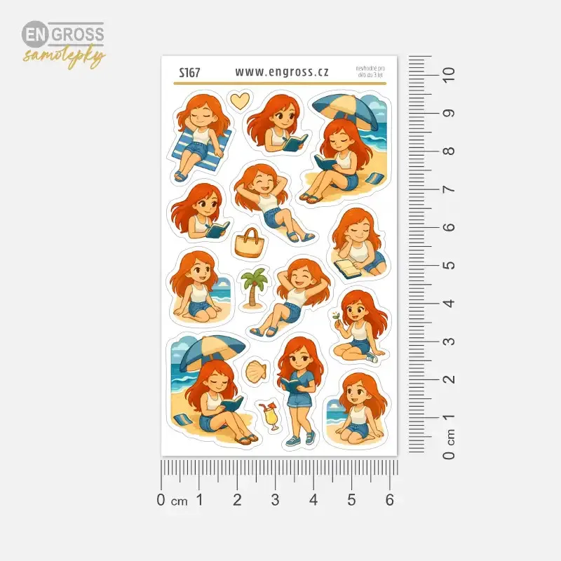 Plánovací nálepky, ikonky s postavičkou zrzky na dovolené u moře.