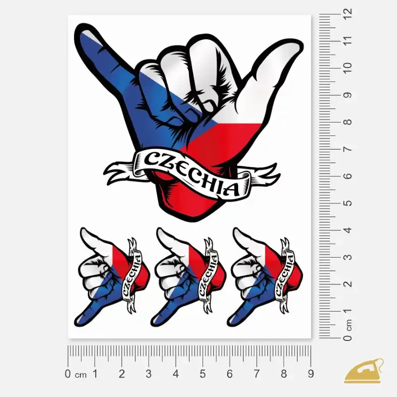 Nažehlovačka na textil - ruka v českých barvách s nápisem Czechia.