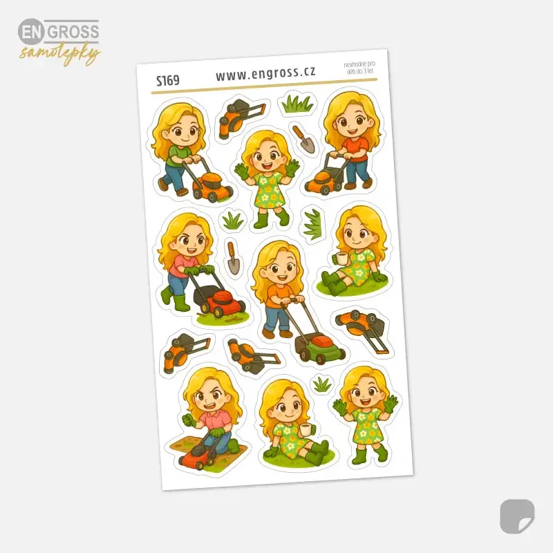 Samolepky do diáře s blondýnkou při sekání trávy.