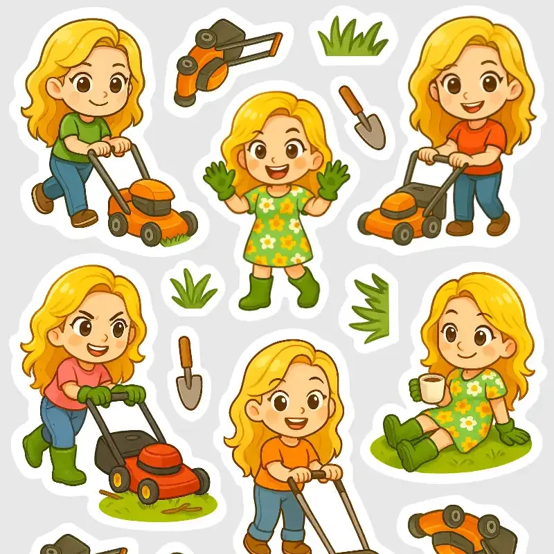 Zpříjemni si plánování sekání trávy samolepkami do diáře s blondýnkou.