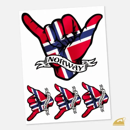 Nažehlovačka vlajky Norska stylizovaná jako ruka.