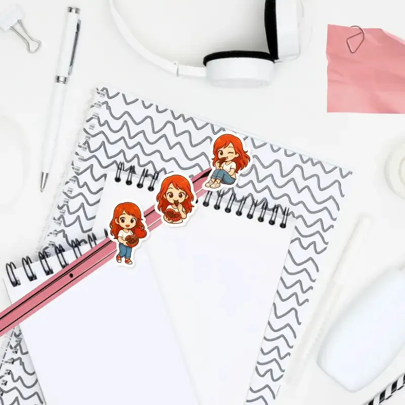 Mini nálepky s holčičkou - zrzkou, která miluje čokoládu a čokoládové bonbóny.