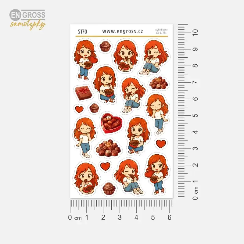 Mini samolepky s postavičkou zrzky, která miluje čokoládu a bonboniéru.