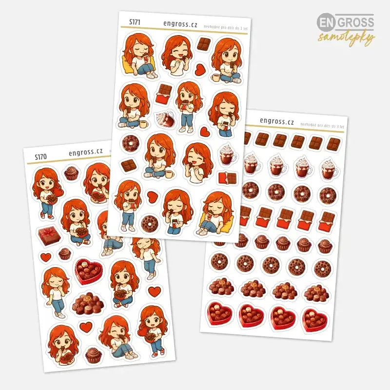 Kolekce samolepek pro diář, deník a bujo - zrzka a čokoládová bonboniéra.