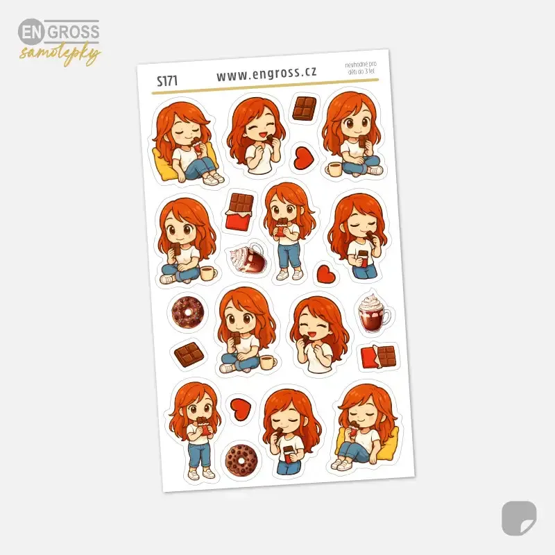 Mini samolepky do diáře s holčičkou - zrzkou, která si vychutnává tabulku čokolády.