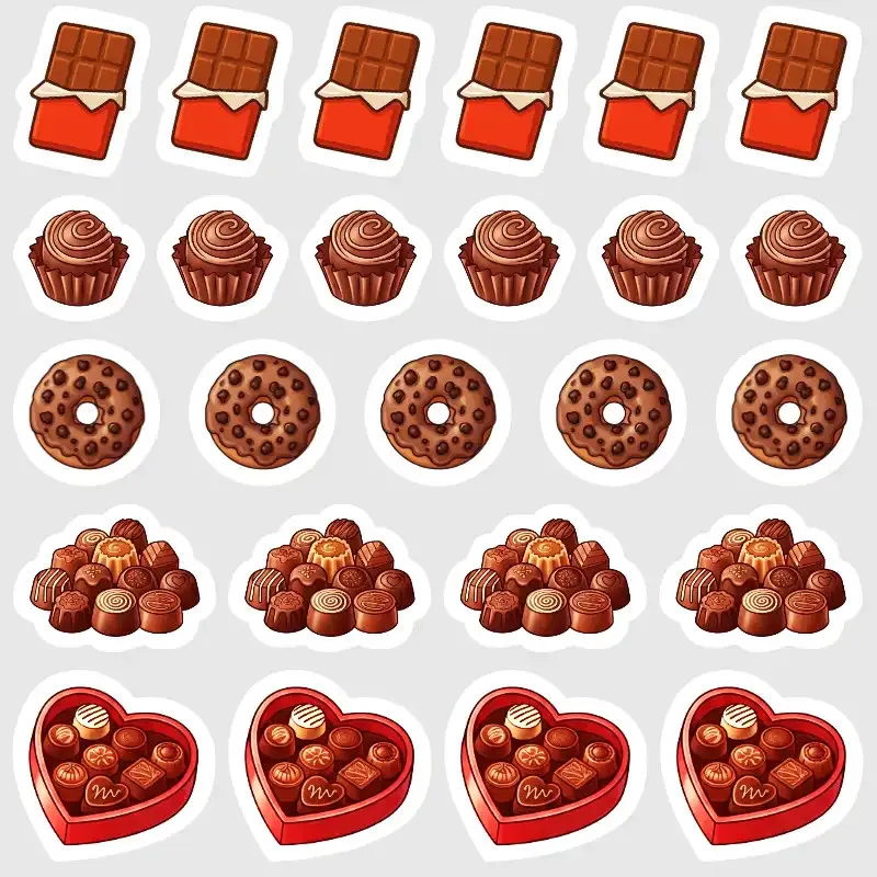 Malé samolepky do diáře s čokoládou, bonboniérou a čokoládovými donuty.