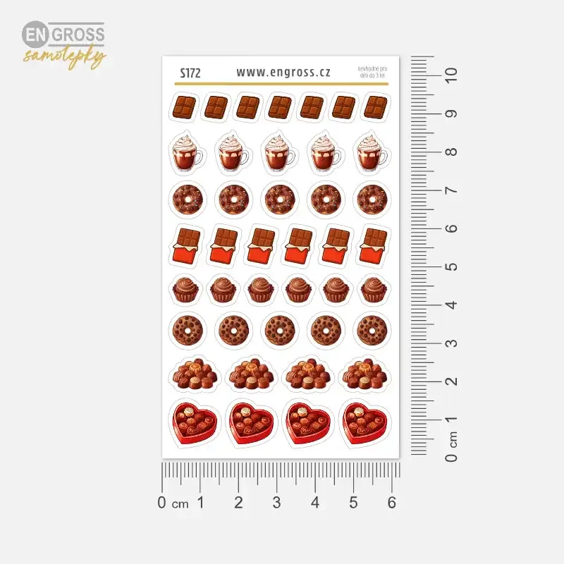 Mini nálepky s tabulkami čokolády, čokoládovou bonboniérou a horkou čokoládou ve skle.