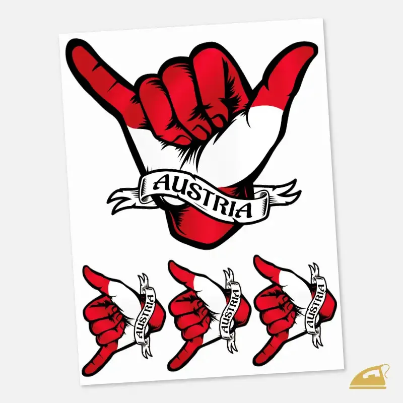 Rakouská vlajka stylizovaná do symbolu shaka - nažehlovačka na textil.