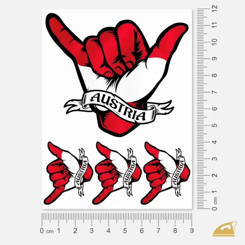 Nažehlovačka na oděvy - shaka v rakouských barvách s nápisem Austria.