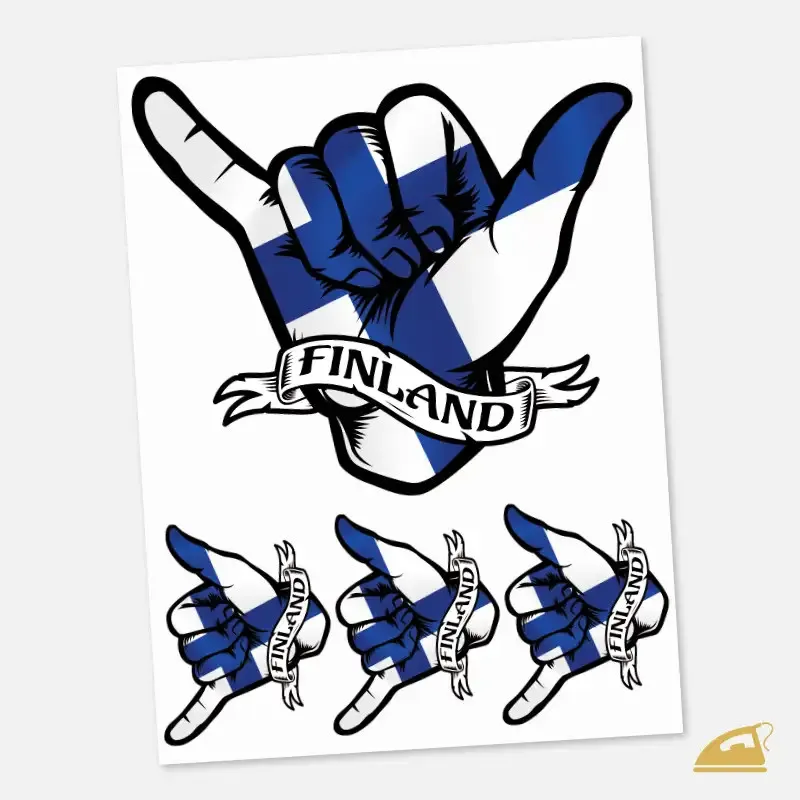 Set nažehlovaček se symbolem shaka a finskou vlajkou.