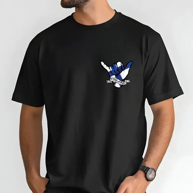 Nažehlovačka na oblečení - shaka symbol s finskou vlajkou a nápisem Finland.