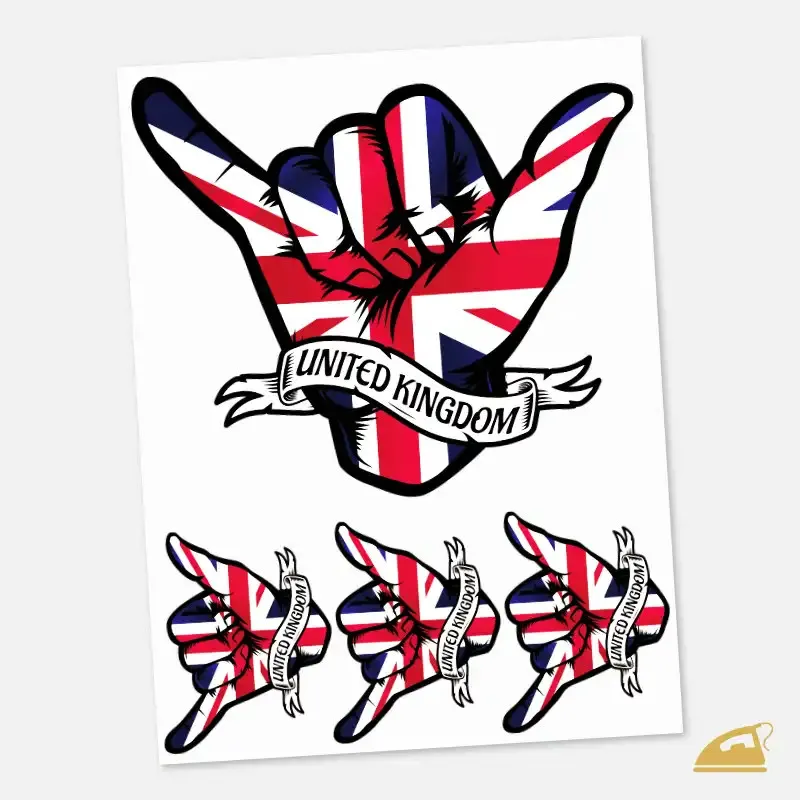 Nažehlovací symbol shaka v barvách britské vlajky a nápisem United Kingdom.