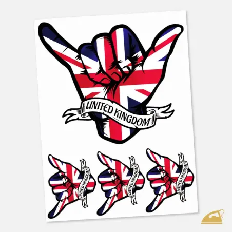 Nažehlovací symbol shaka v barvách britské vlajky a nápisem United Kingdom.