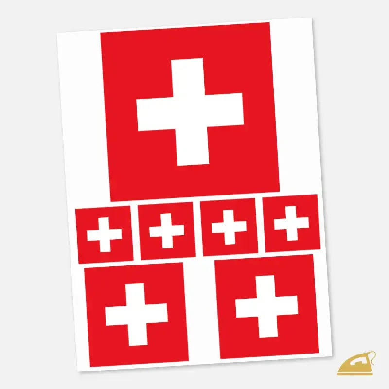 Nažehlovací DTF potisk na oděvy - vlajka Švýcarska, 3 velikosti.