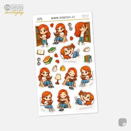 Mini samolepky do diáře se zrzkou ve svém čtecím koutku.