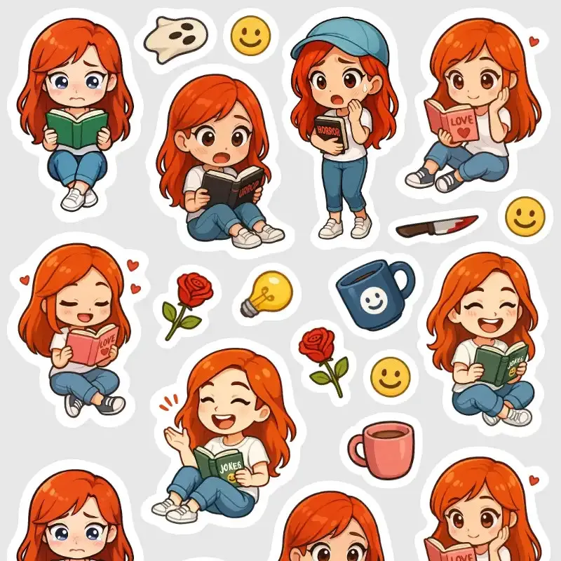 Mini samolepky do diáře - zrzka čte detektivku, horor a červenou knihovnu.