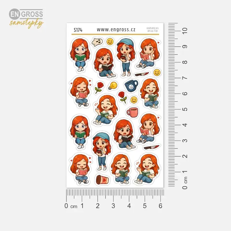 Malé samolepky pro plánování - zrzka čte detektivku, horor a román.