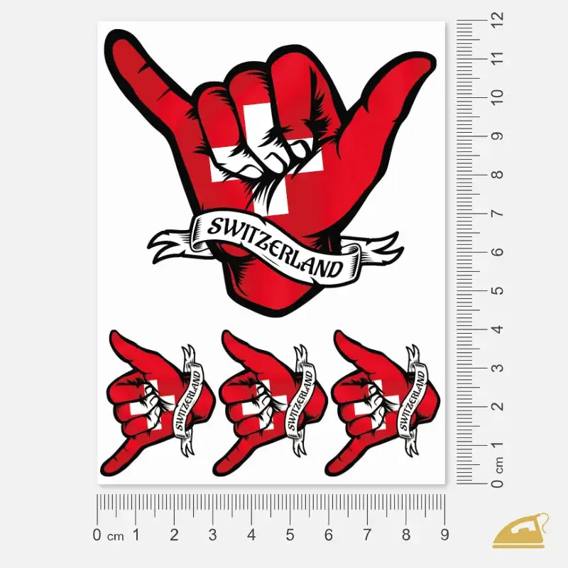 Arch s barevnými nažehlovačkami na textil - Shaka symbol Švýcarsko.