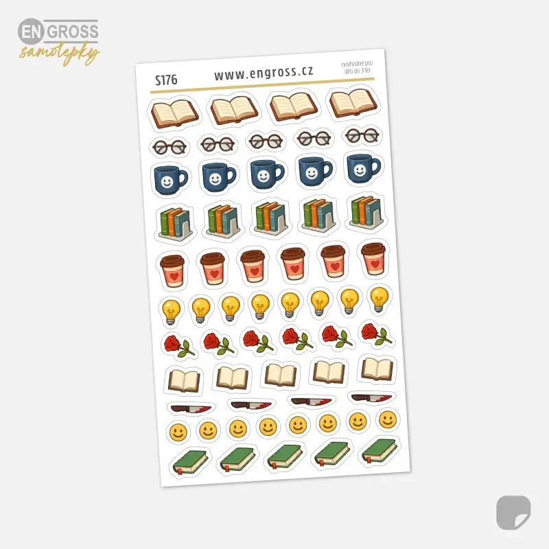 Mini samolepky do diáře - knižní žánry, knihy a káva.