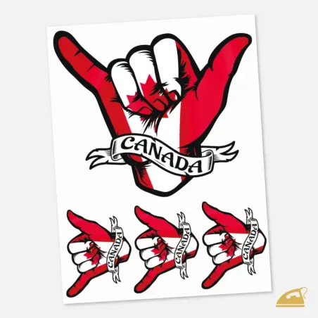 Nažehlovací potisk na textil s kanadskou vlajkou a pozdravem shaka.