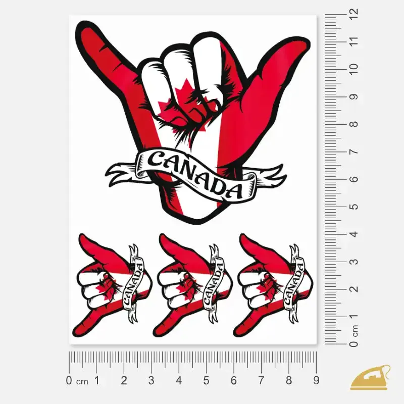 Nažehlovací potisk na oděvy shaka pozdravu s kanadskou vlajkou.