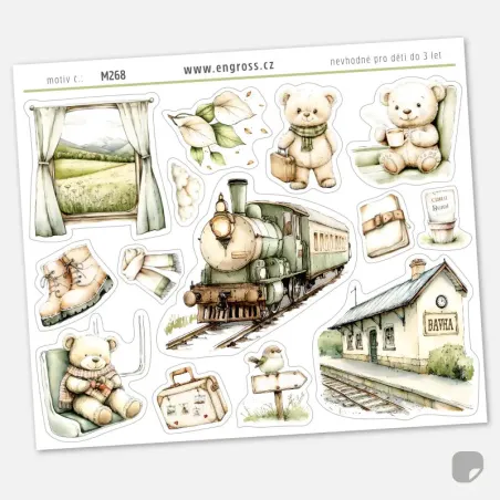 Samolepky malého medvídka na romantickém nádraží ve starém stylu.