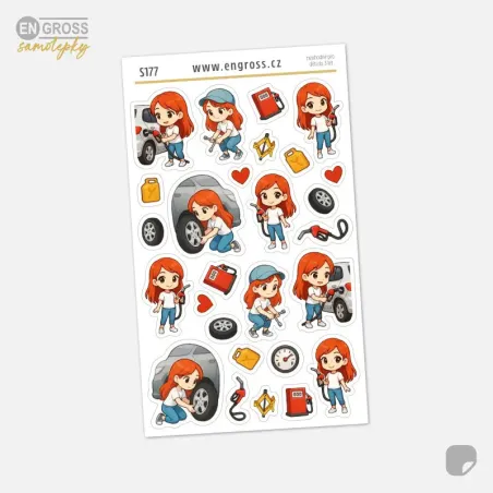 Malé samolepky do diáře s postavičkou zrzky, jak mění pneumatiky a tankuje auto.