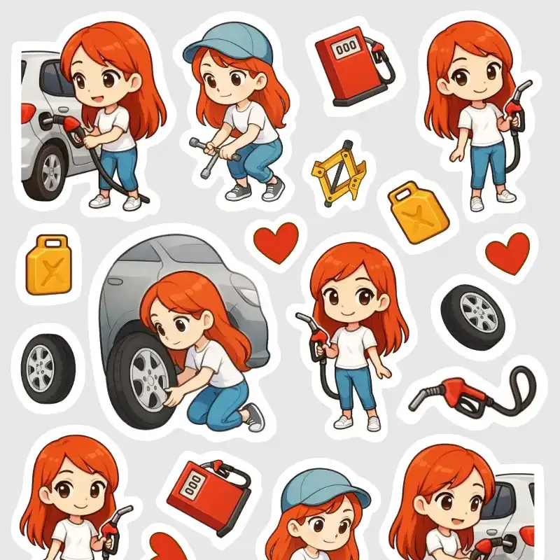 Výměna pneumatik a tankování auta - mini samolepky do diáře.