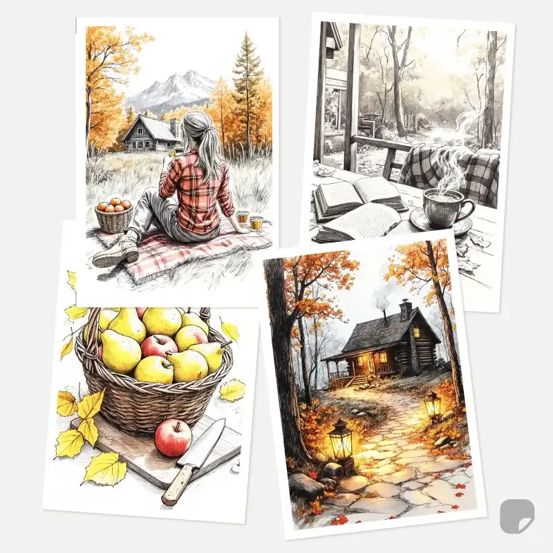 Samolepky do diáře - podzimní atmosféra spadaného listí, jablek a dřevěného lesního srubu.