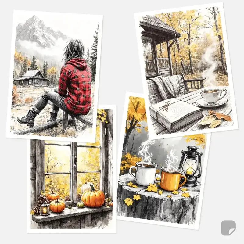 Samolepky do deníku - podzim v lesním srubu, dýně, podzimní listí.