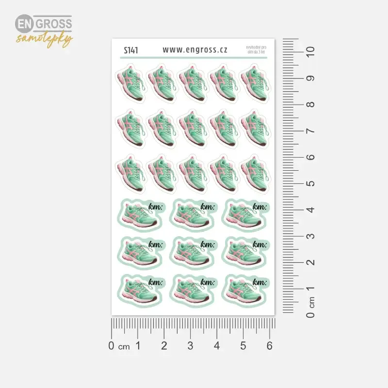 Samolepky běžecké boty a uběhnuté kilometry.