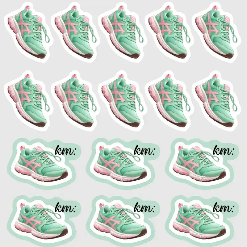 Nálepky běžecké boty a uběhnuté kilometry.