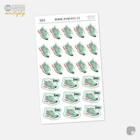 Samolepky běžecké boty a uběhnuté kilometry.