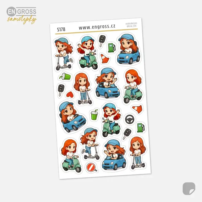 Malé samolepky do diáře - zrzka jede autem, na skútru, na koloběžce.