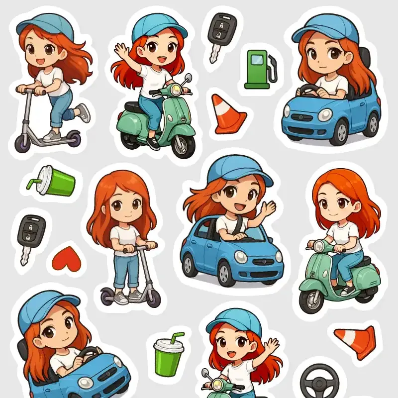 Plánovací samolepky do diáře - zrzka a auto, skútr, koloběžka.