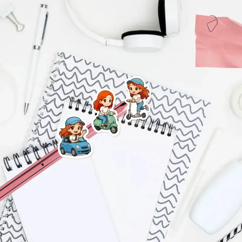 Mini samolepky do diáře - postavička Zrzky jede autem, na skútru, na koloběžce.