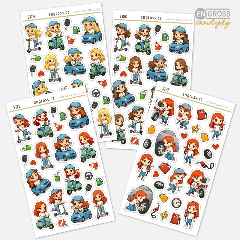 Kolekce mini samolepek do diáře - auto, autoservis, tantování, výměna pneu, skútr, koloběžka.