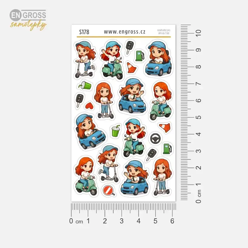 Plánuj s mini samolepkami - Zrzka a auto, skútr a koloběžka.