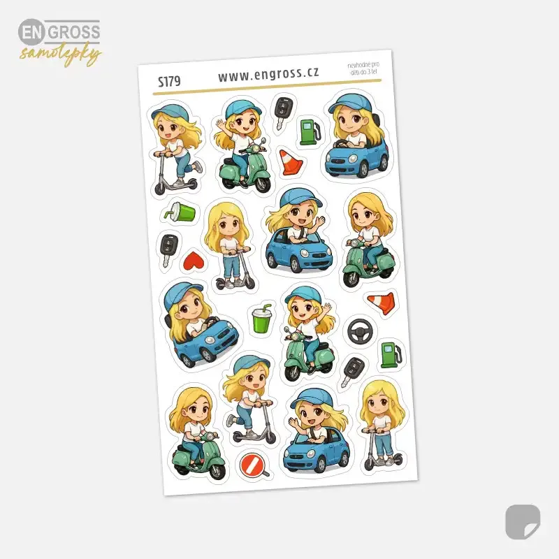 Samolepky do diáře - Blondýnka cestuje autem, na skútru, na koloběžce.