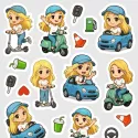 Malé samolepky pro plánování v diáři - blondýnka a auto, skútr, koloběžka.