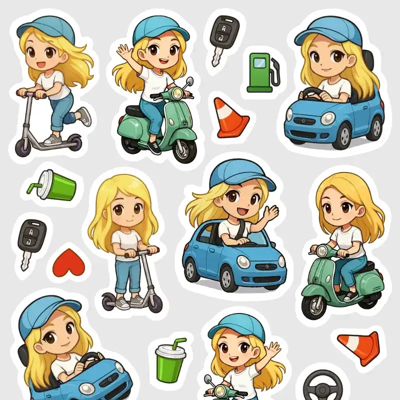 Malé samolepky pro plánování v diáři - blondýnka a auto, skútr, koloběžka.