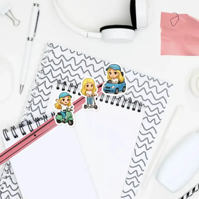 Mini samolepky do diáře - blondýnka a auto, skůtr, koloběžka.