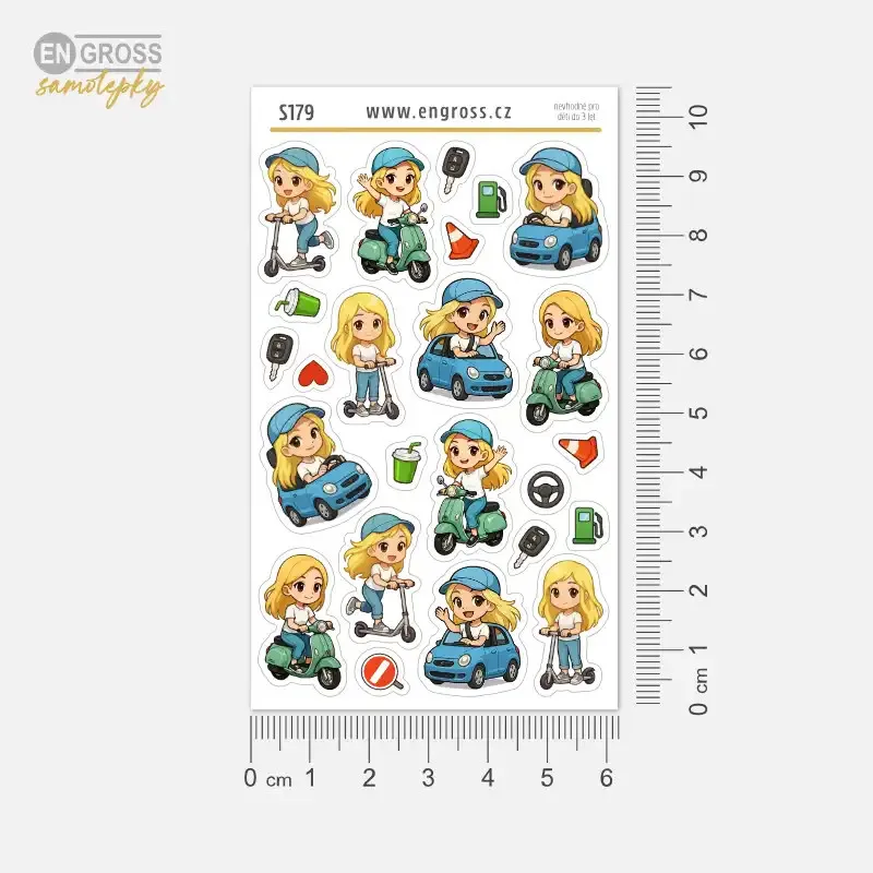 Plánovací mini samolepky s blondýnkou v autě, na skútru nebo na koloběžce.