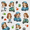 Samolepky do diáře - Brunetka řídí auto, skútr, koloběžku.