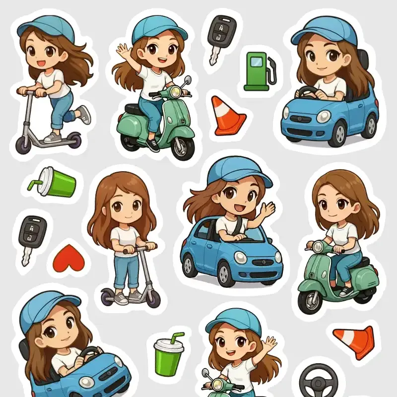 Samolepky do diáře - Brunetka řídí auto, skútr, koloběžku.