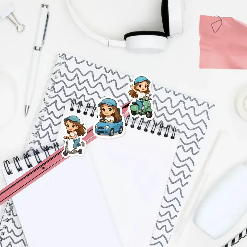 Mini samolepky do diáře s Brunetkou - auto, skútr, koloběžka a dopravní symboly.