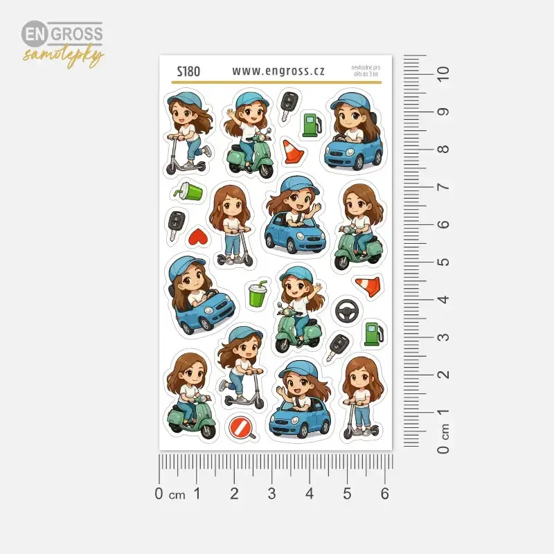 Malé samolepky do diáře pro ženy - Brunetka řídí auto, skútr i koloběžku.