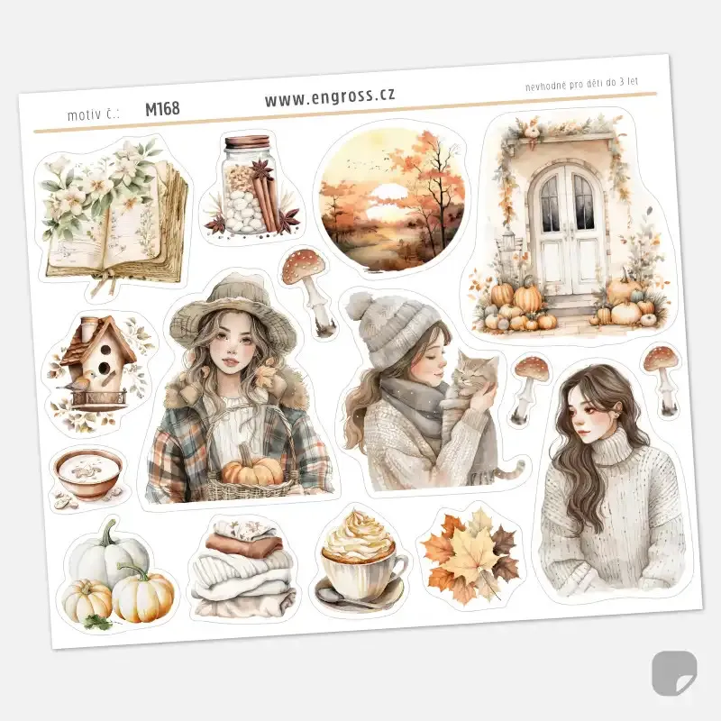 Podzimní samolepky do diáře s motivy dýní, knih, západu slunce a útulných zátiší v béžových tónech.