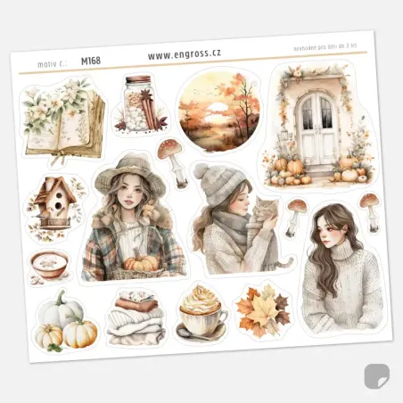 Podzimní samolepky do diáře s motivy dýní, knih, západu slunce a útulných zátiší v béžových tónech.